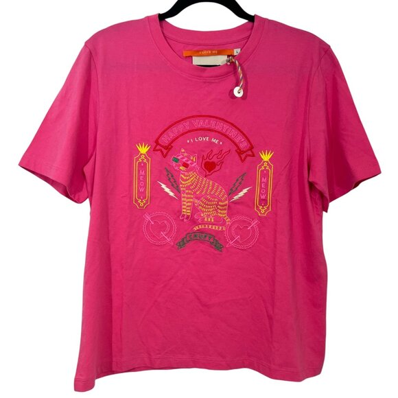 Chufy Pink I LOVE ME Valentine’s Day Cat Embroidered Pima T-shirt Women’s Large - Picture 1 of 4